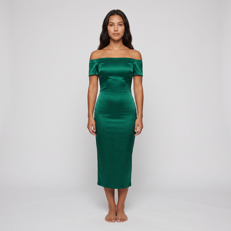 Florence Satin Off-Shoulder Midi Dress – Emerald