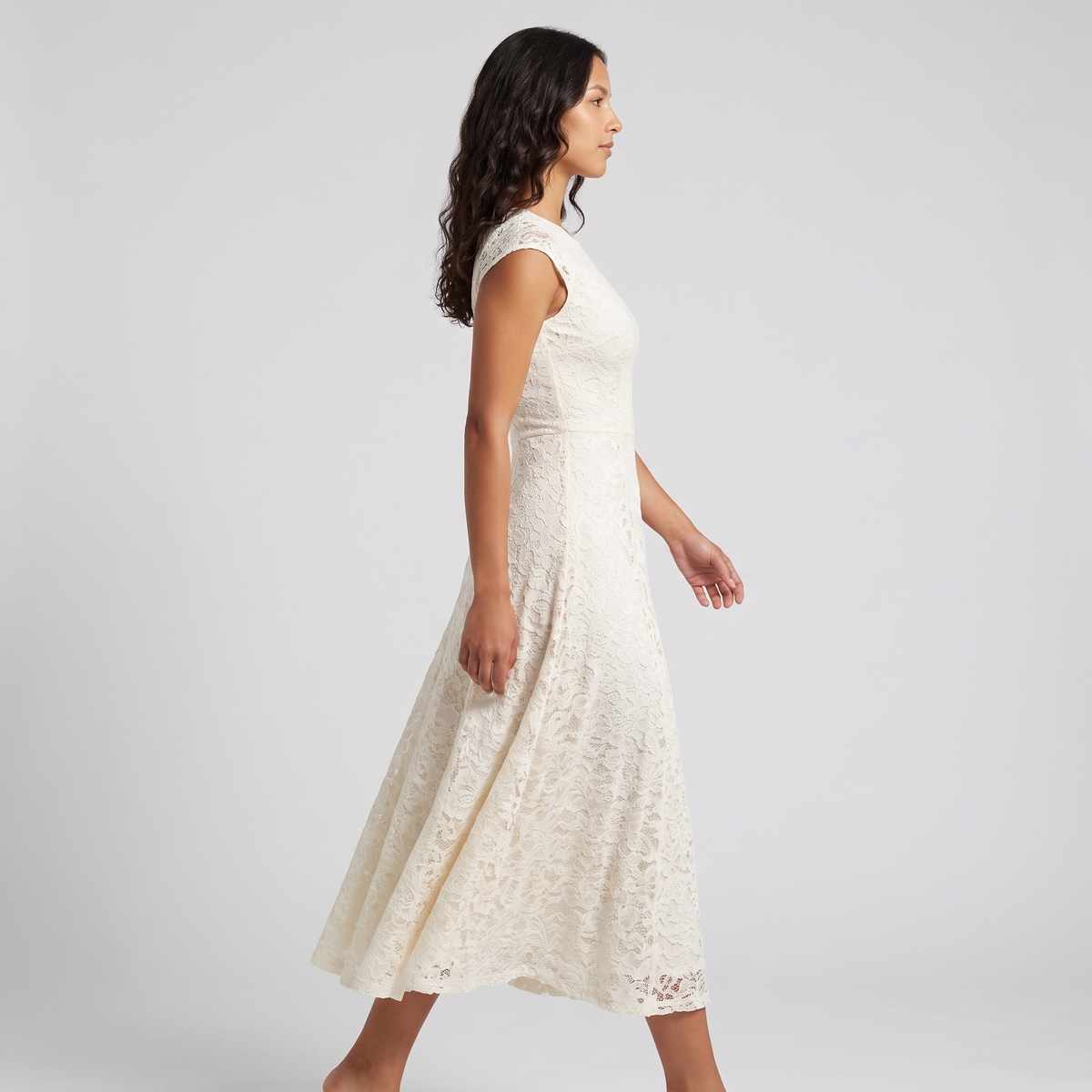 Ivory lace fit-and-flare midi dress side profile