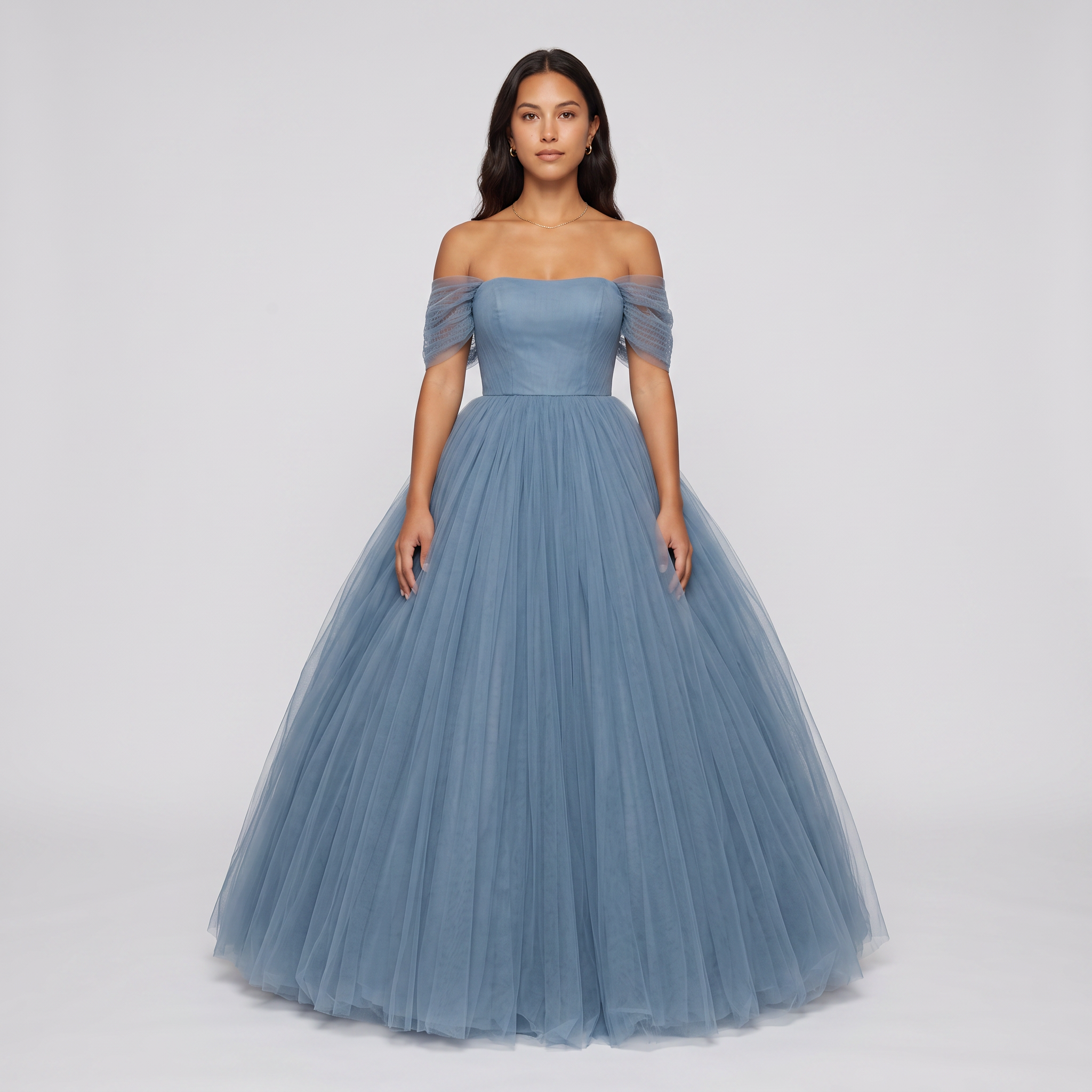 Dusty blue tulle off-shoulder ball gown front view