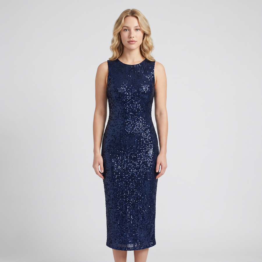 Lucinda Sequin Sheath Midi Dress – Navy