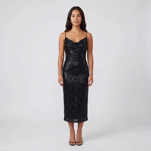Josie Sequin Slip Midi Dress – Black