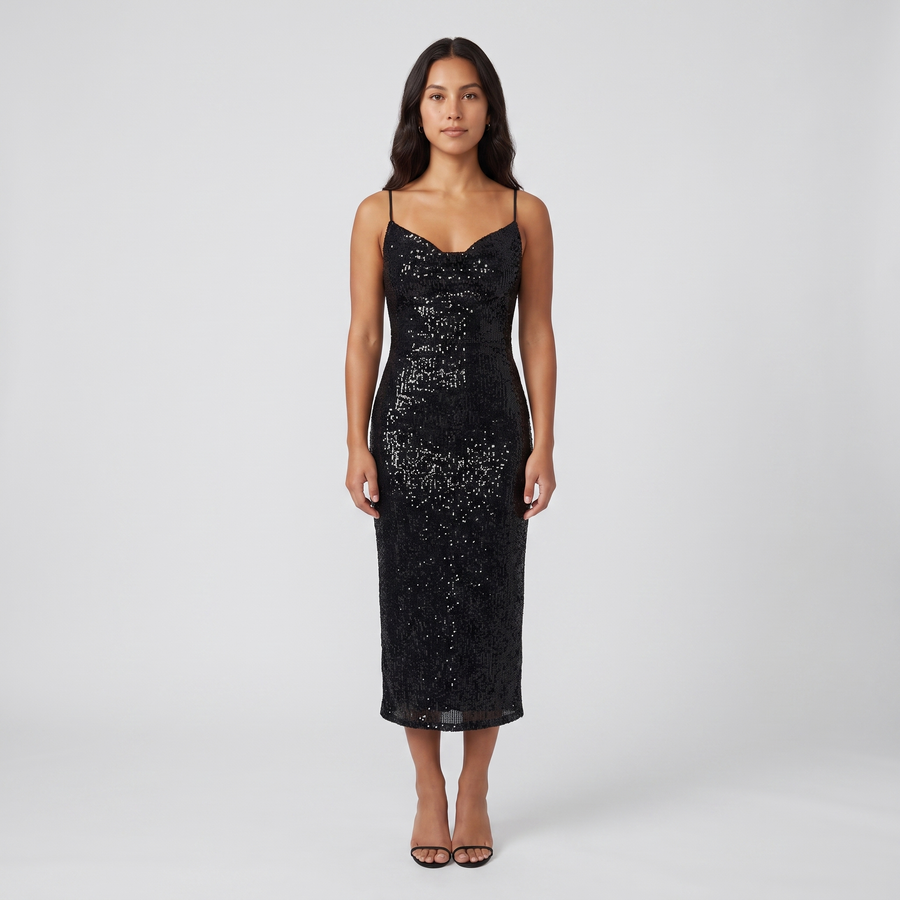 Josie Sequin Slip Midi Dress – Black