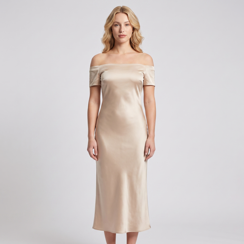 Eloise Satin Bardot Midi Dress – Champagne