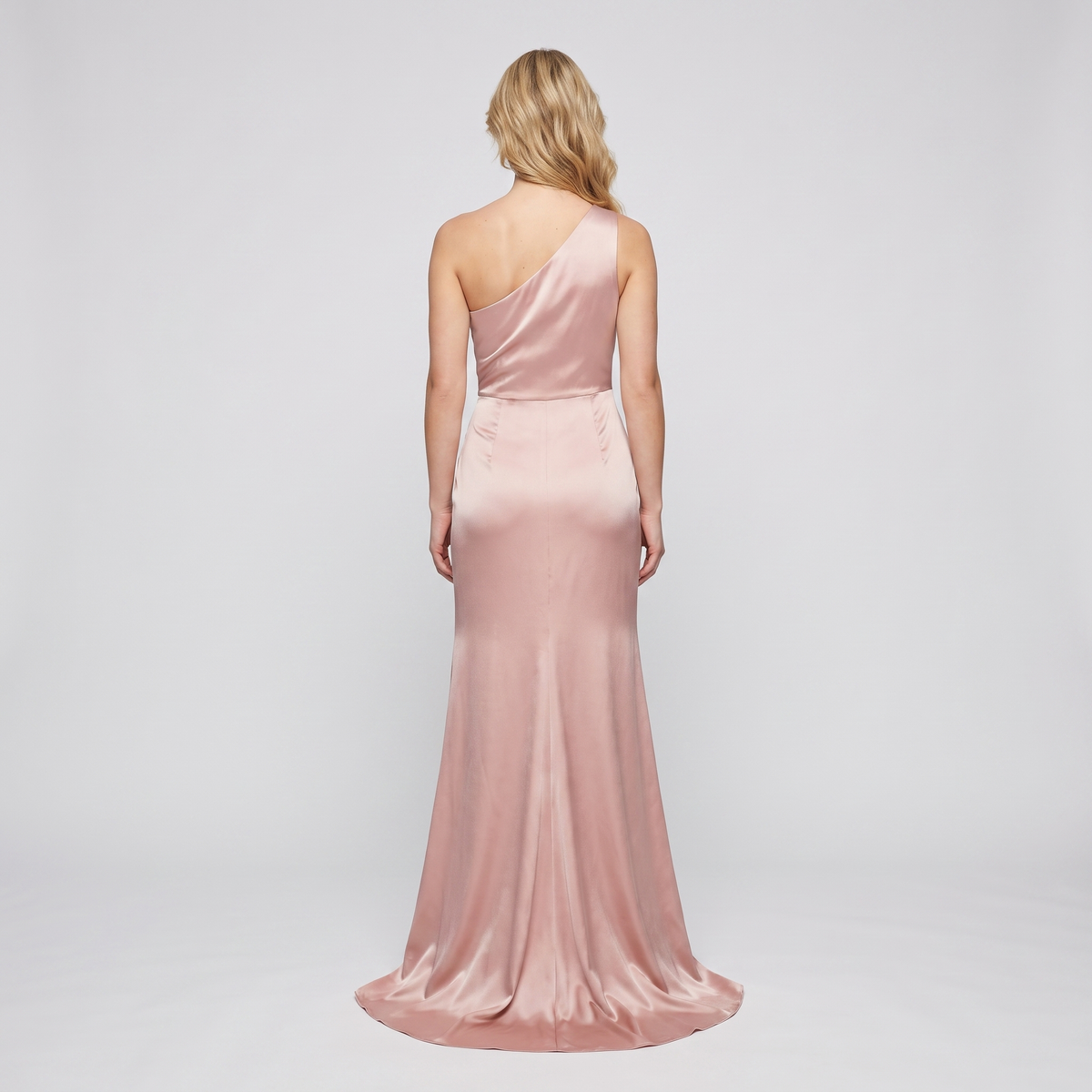 Blush satin one-shoulder gown back view