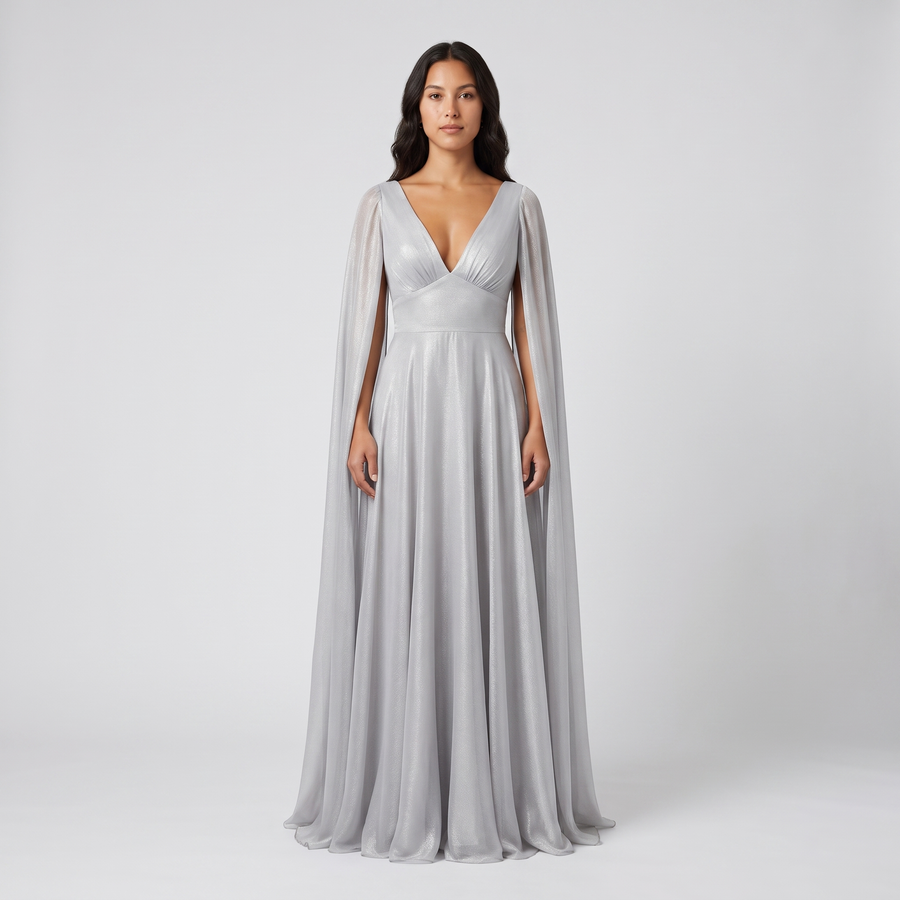 Elke Chiffon Cape-Sleeve Gown – Silver