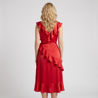 Tabitha Satin Ruffle Wrap Midi Dress – Red view 3