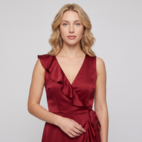Tabitha Satin Ruffle Wrap Midi Dress – Red view 5