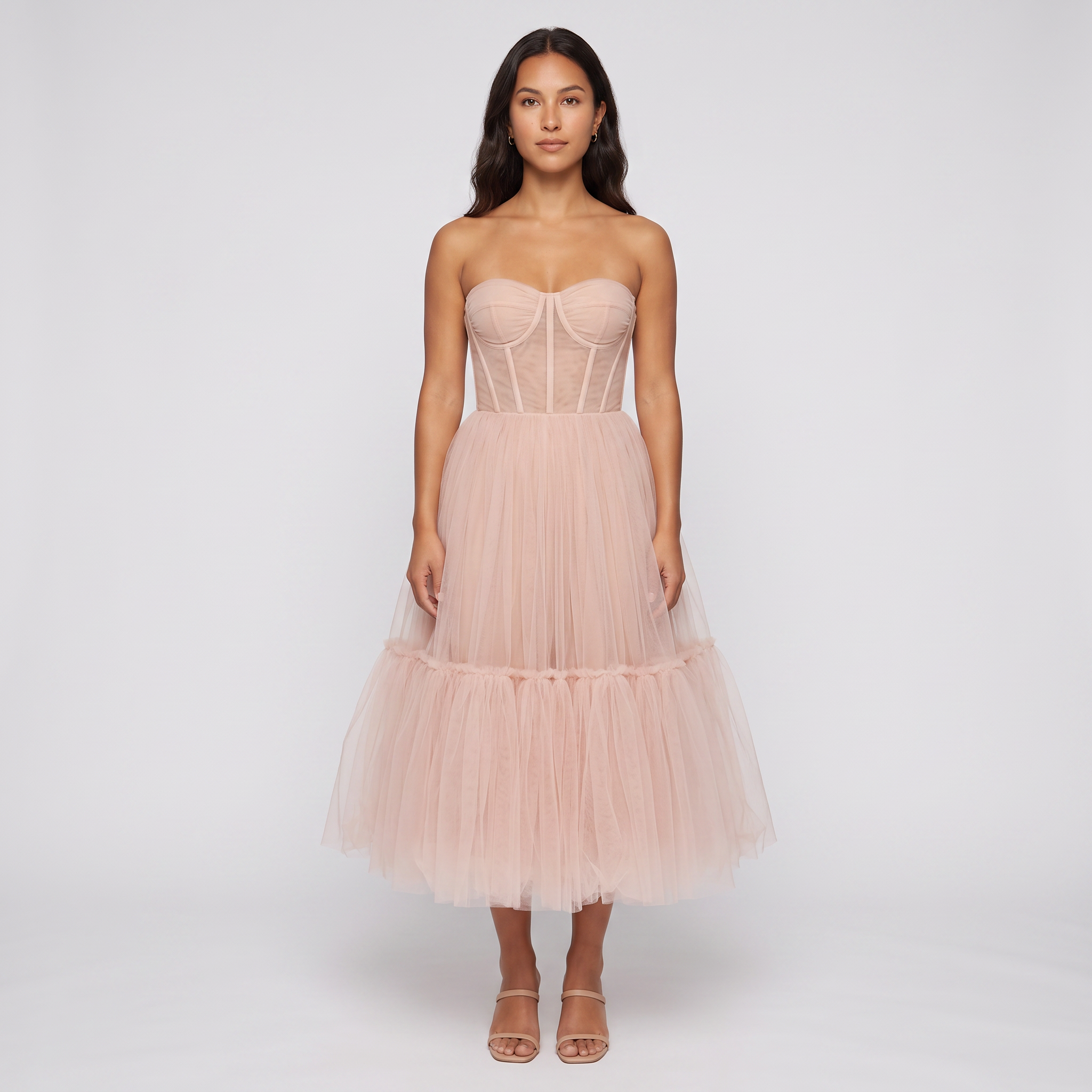 Blush tulle strapless corset midi dress front view