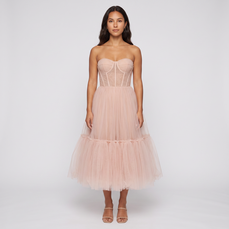 Ada Tulle Corset Midi Dress – Blush
