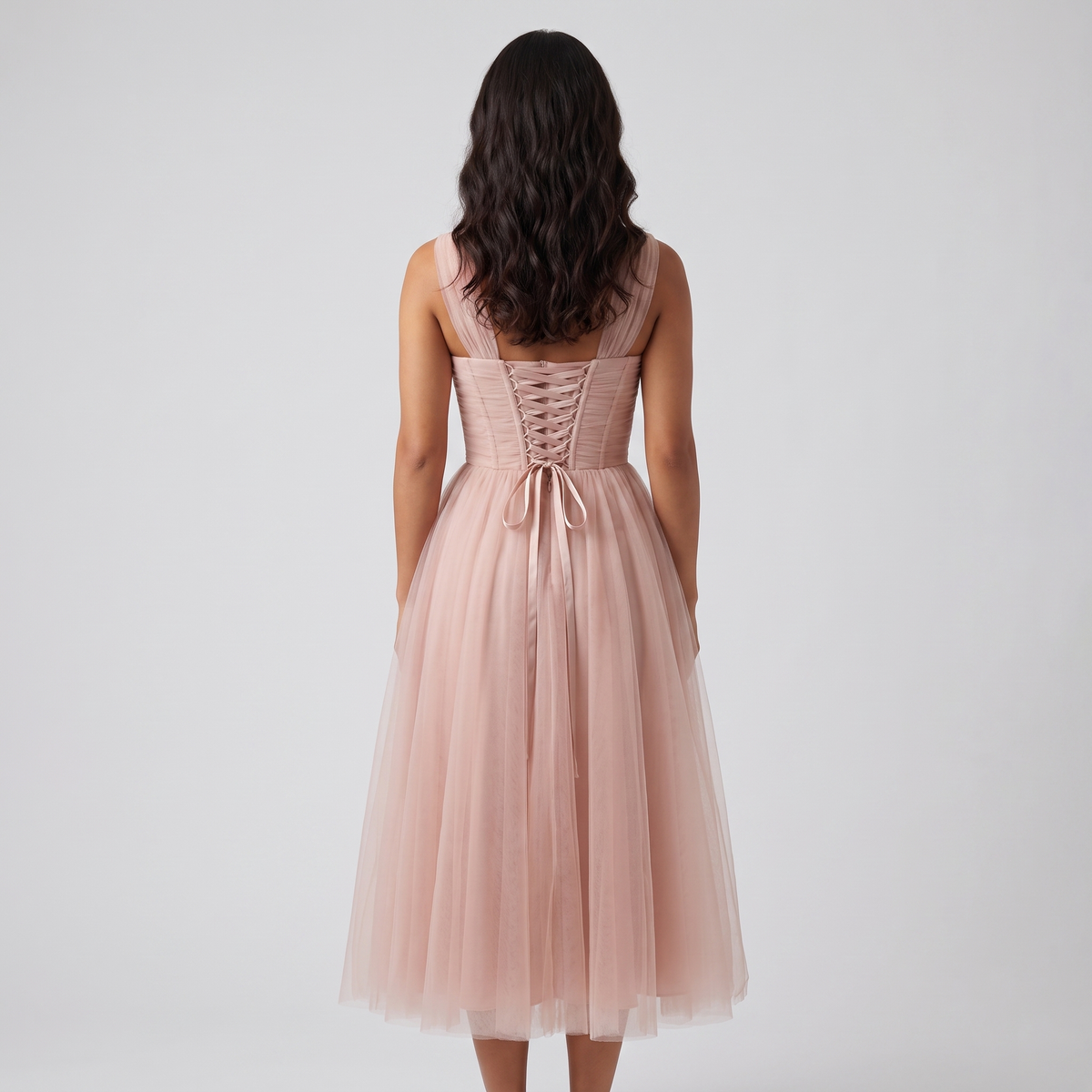 Blush tulle corset midi dress back view