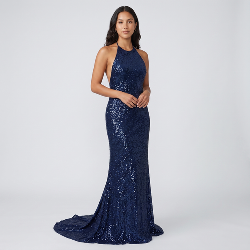 Lorna Sequin Halter Gown – Navy