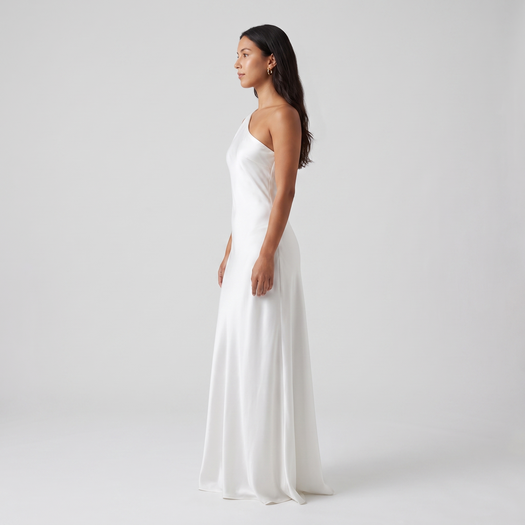 White grecian satin gown side profile
