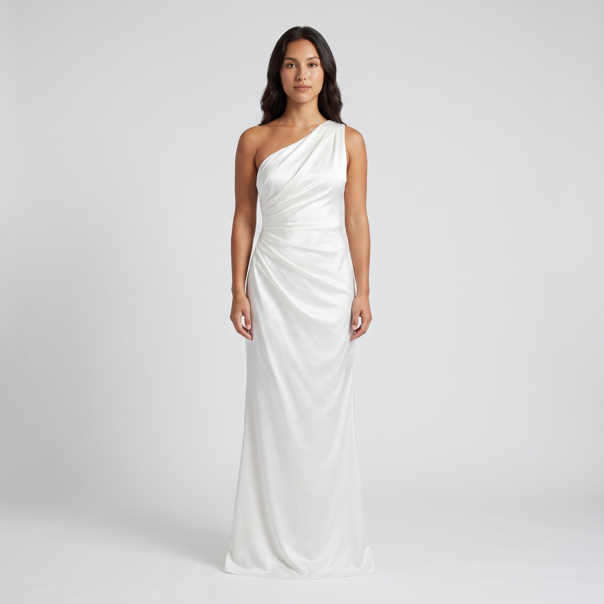 White grecian satin one-shoulder floor-length gown front view