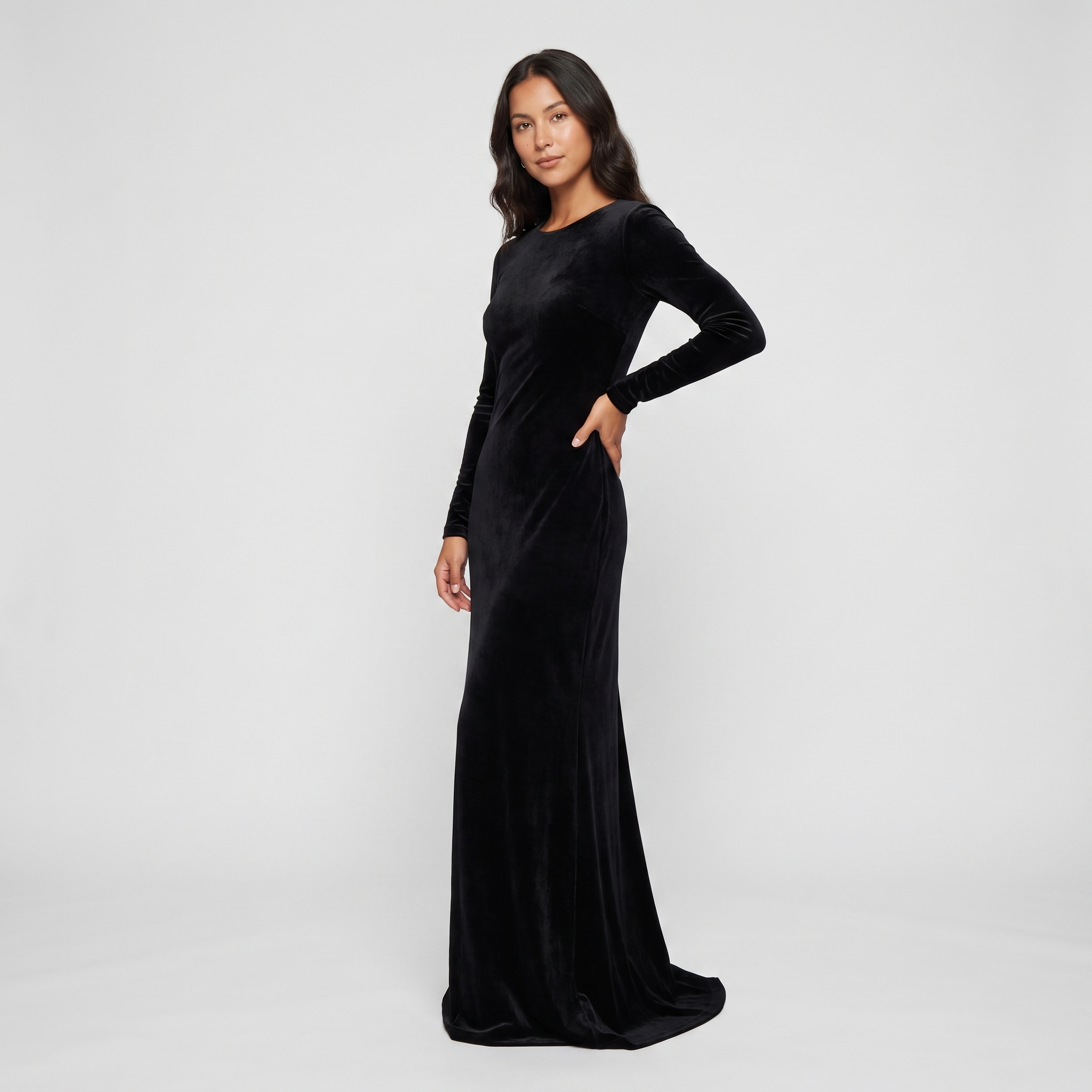 Black velvet long-sleeve gown side angle