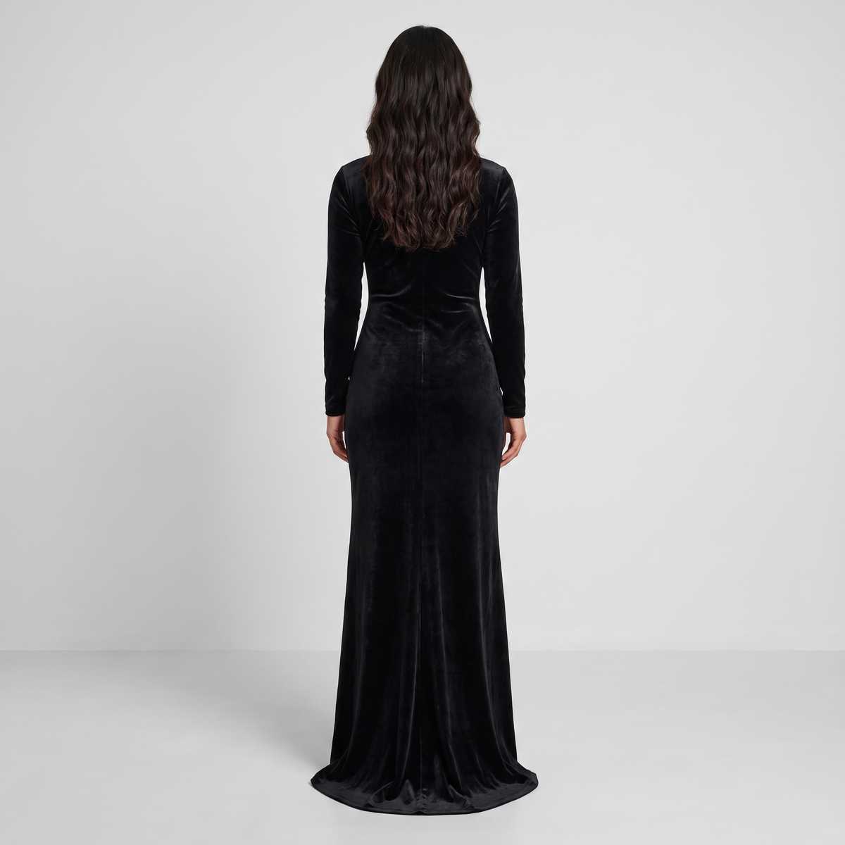 Black velvet long-sleeve gown back view