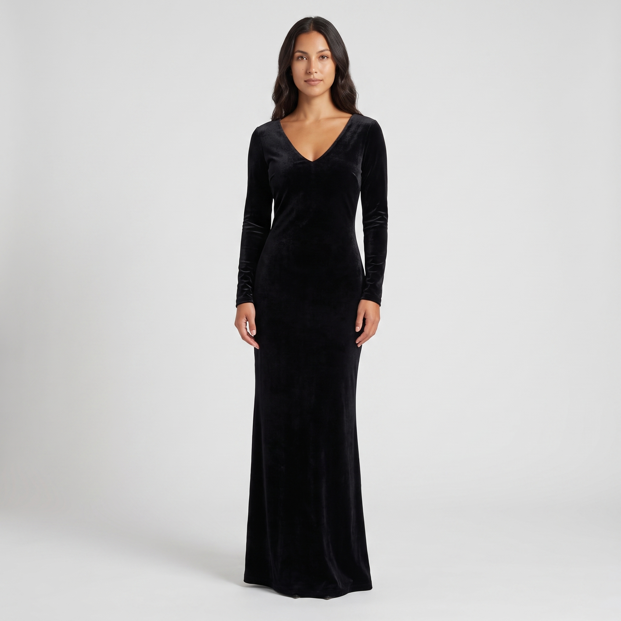 Black velvet long-sleeve floor-length gown front view