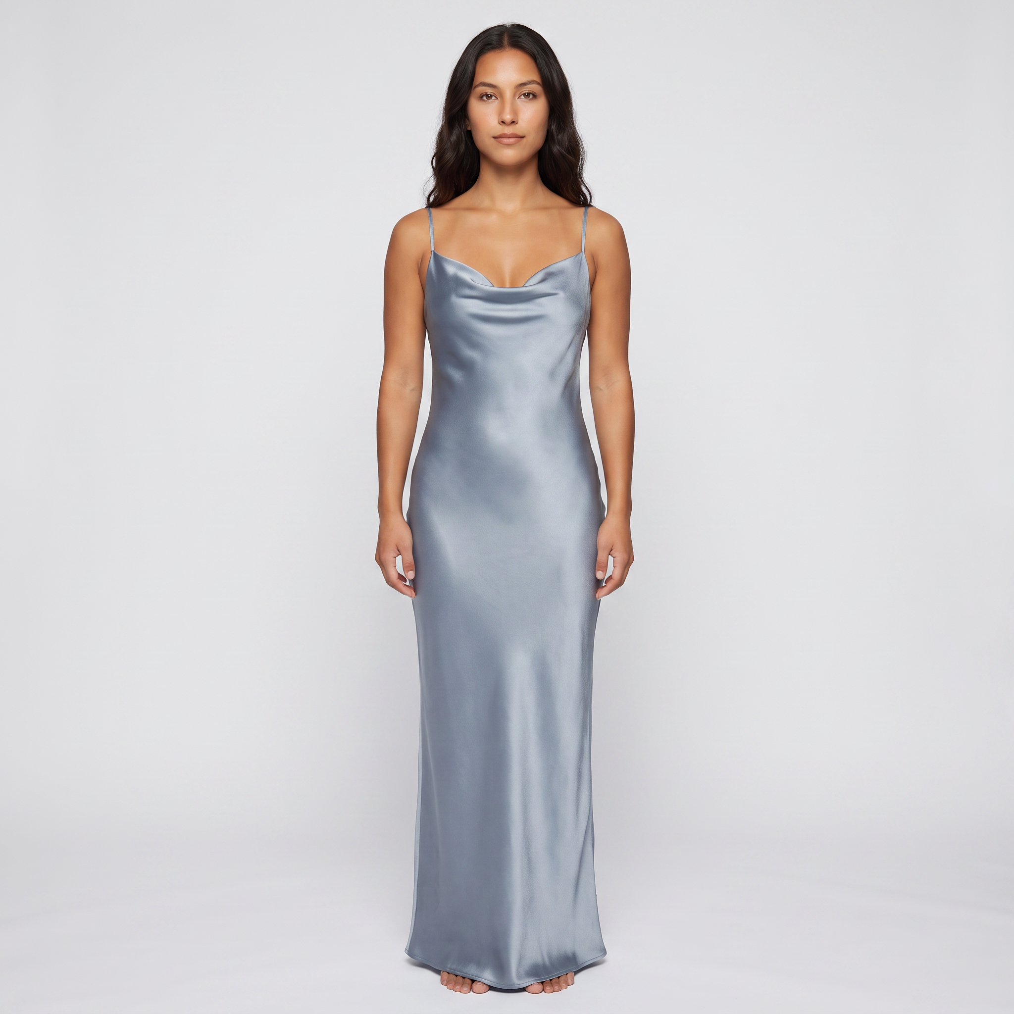 Silver-blue satin cowl slip maxi dress front view