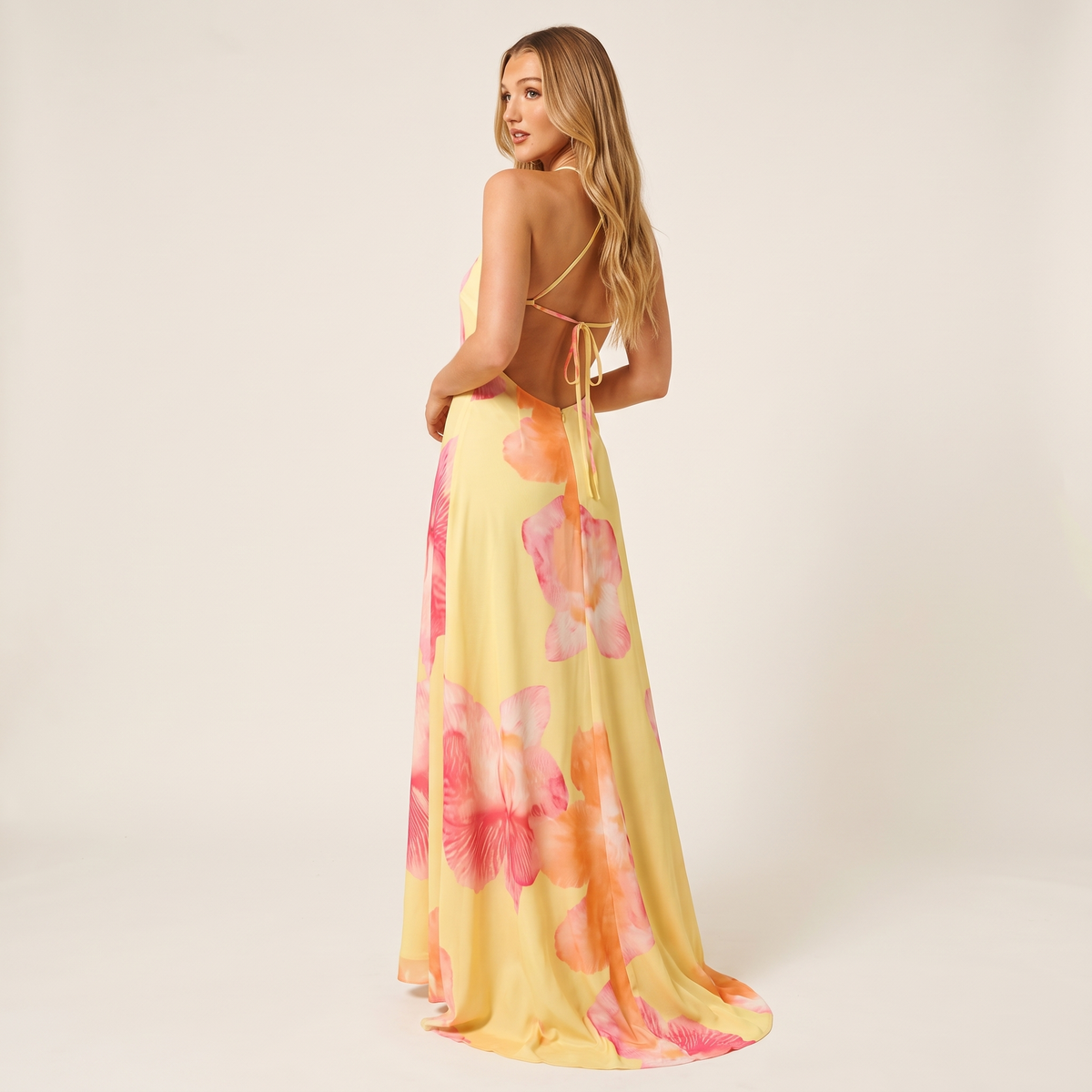 Hibisca Halter Keyhole Floral Maxi Dress – Yellow – back view