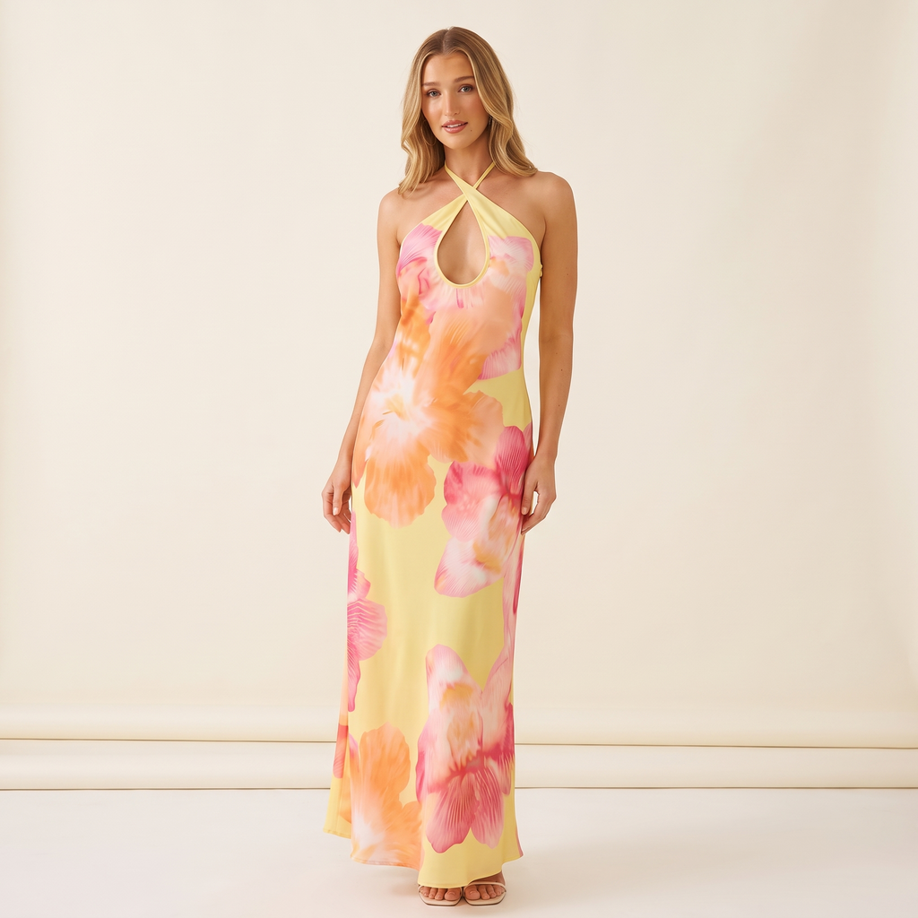 Hibisca Halter Keyhole Floral Maxi Dress – Yellow – front view