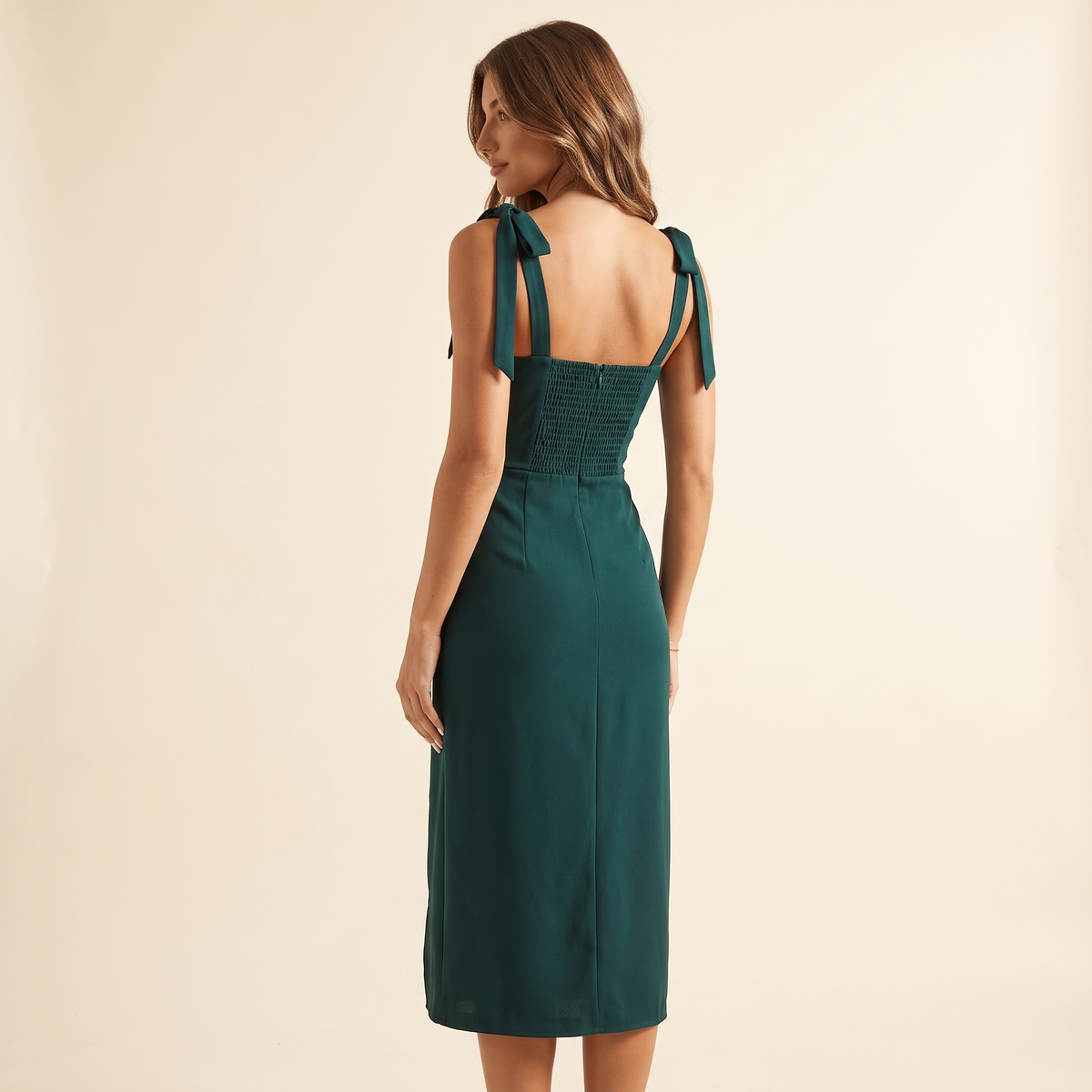 Honora Tie Strap Shirred Back Midi Dress – Emerald – back view