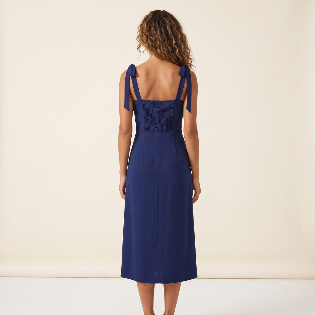 Honora Tie Strap Shirred Back Midi Dress – Navy – back view