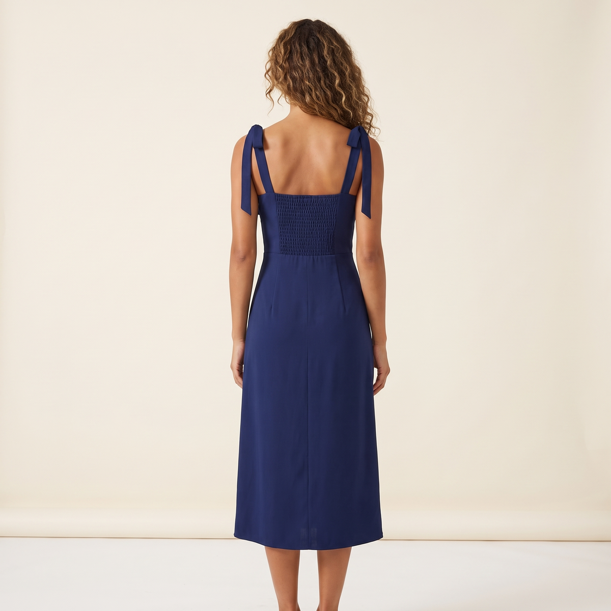 Honora Tie Strap Shirred Back Midi Dress – Navy – back view