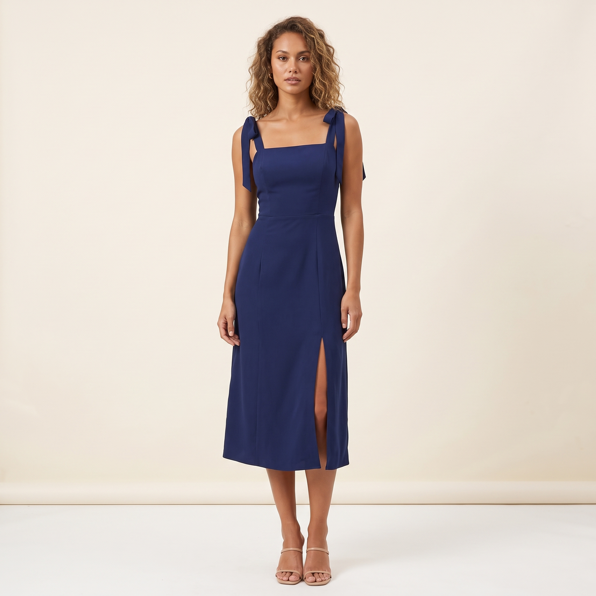 Honora Tie Strap Shirred Back Midi Dress – Navy – front view