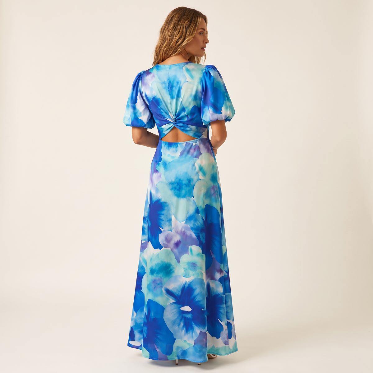 Ilaria V-Twist Cut-Out Puff Sleeve Maxi Dress – Blue Floral – back view