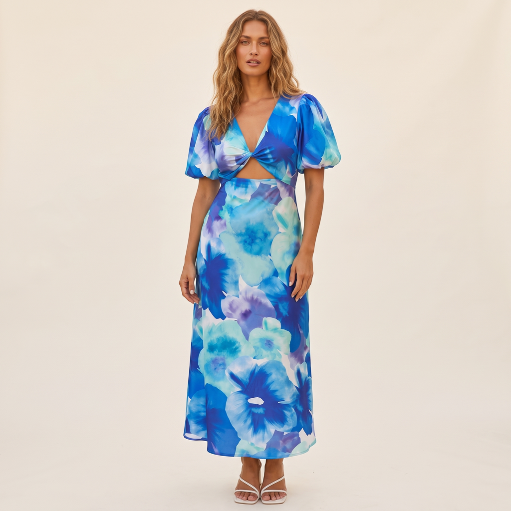 Ilaria V-Twist Cut-Out Puff Sleeve Maxi Dress – Blue Floral – front view
