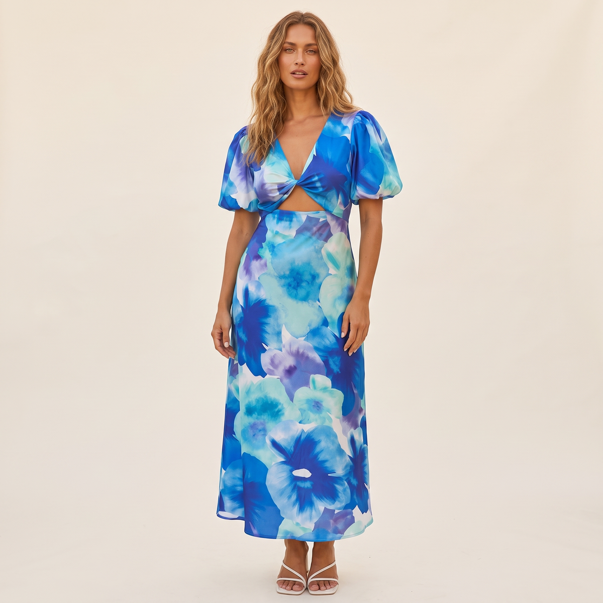 Ilaria V-Twist Cut-Out Puff Sleeve Maxi Dress – Blue Floral – front view