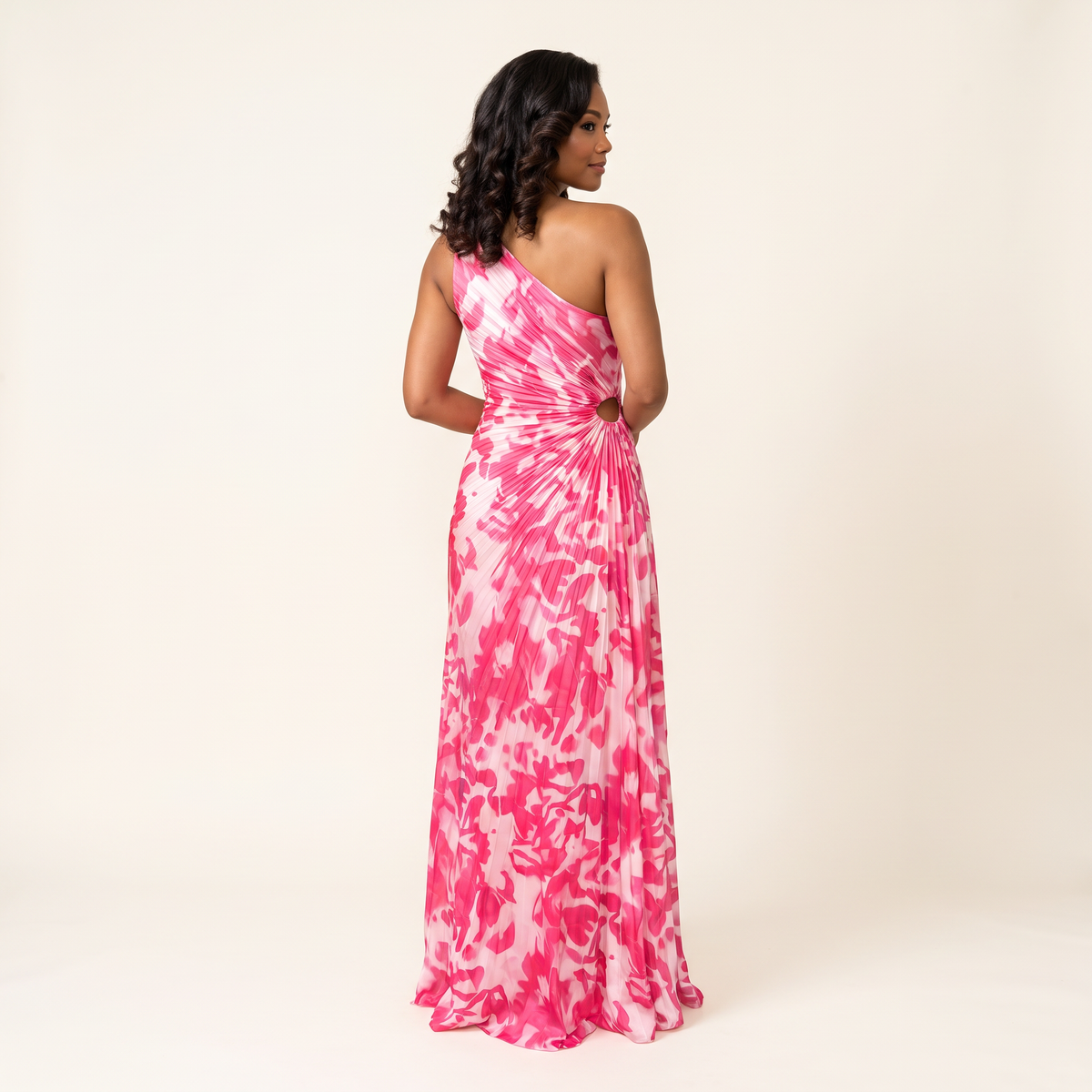 Isadora One-Shoulder Pleated Cut-Out Maxi Dress – Pink Print – back view