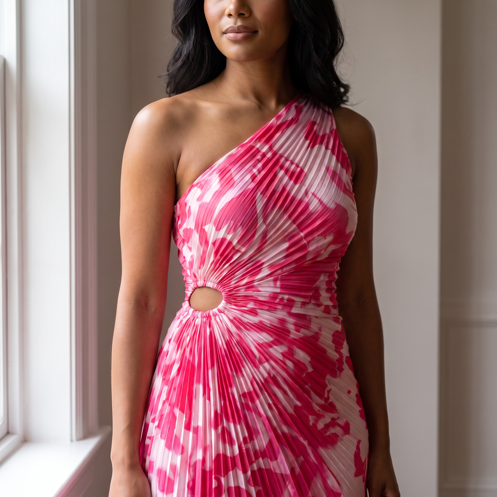 Isadora One-Shoulder Pleated Cut-Out Maxi Dress – Pink Print – detail