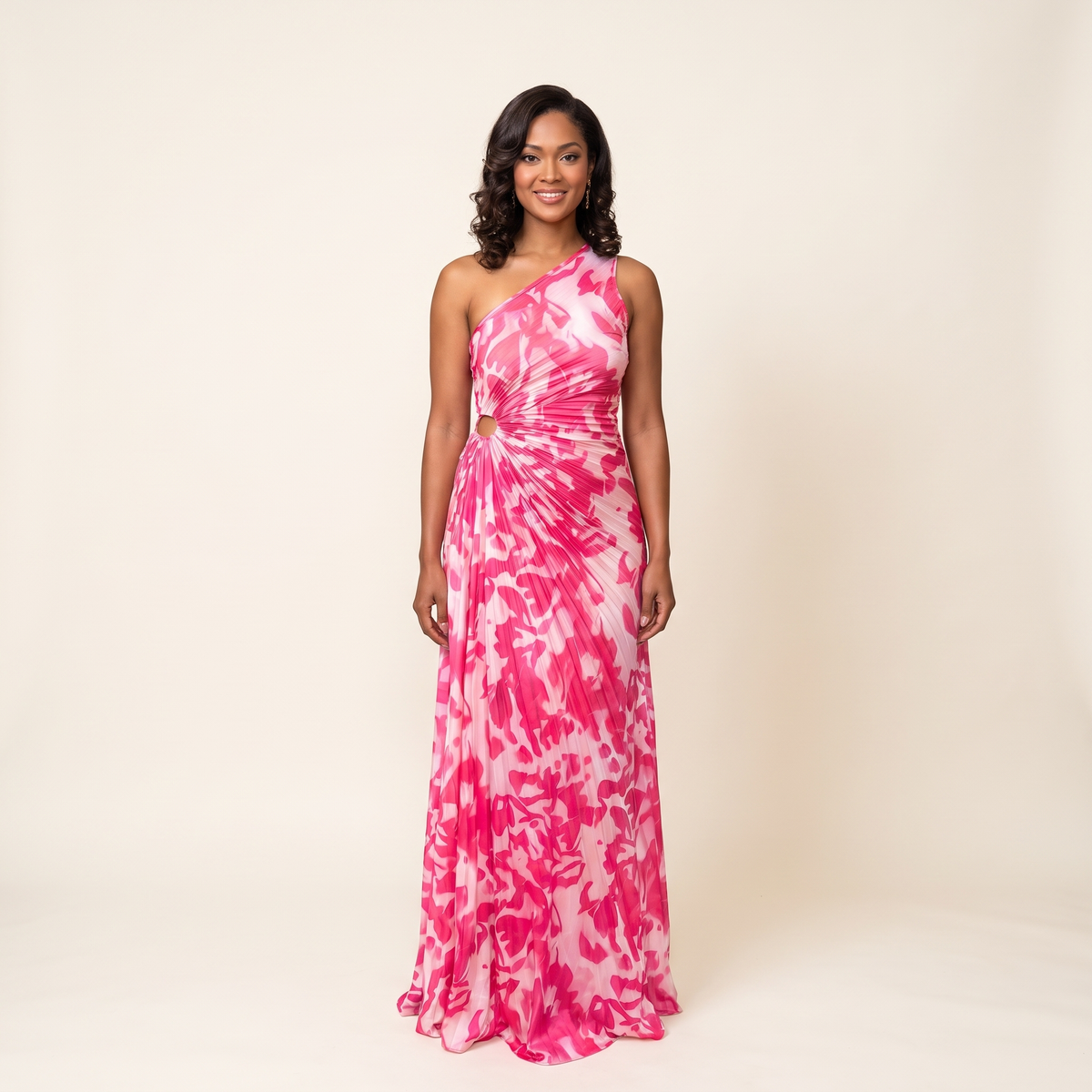 Isadora One-Shoulder Pleated Cut-Out Maxi Dress – Pink Print – front view