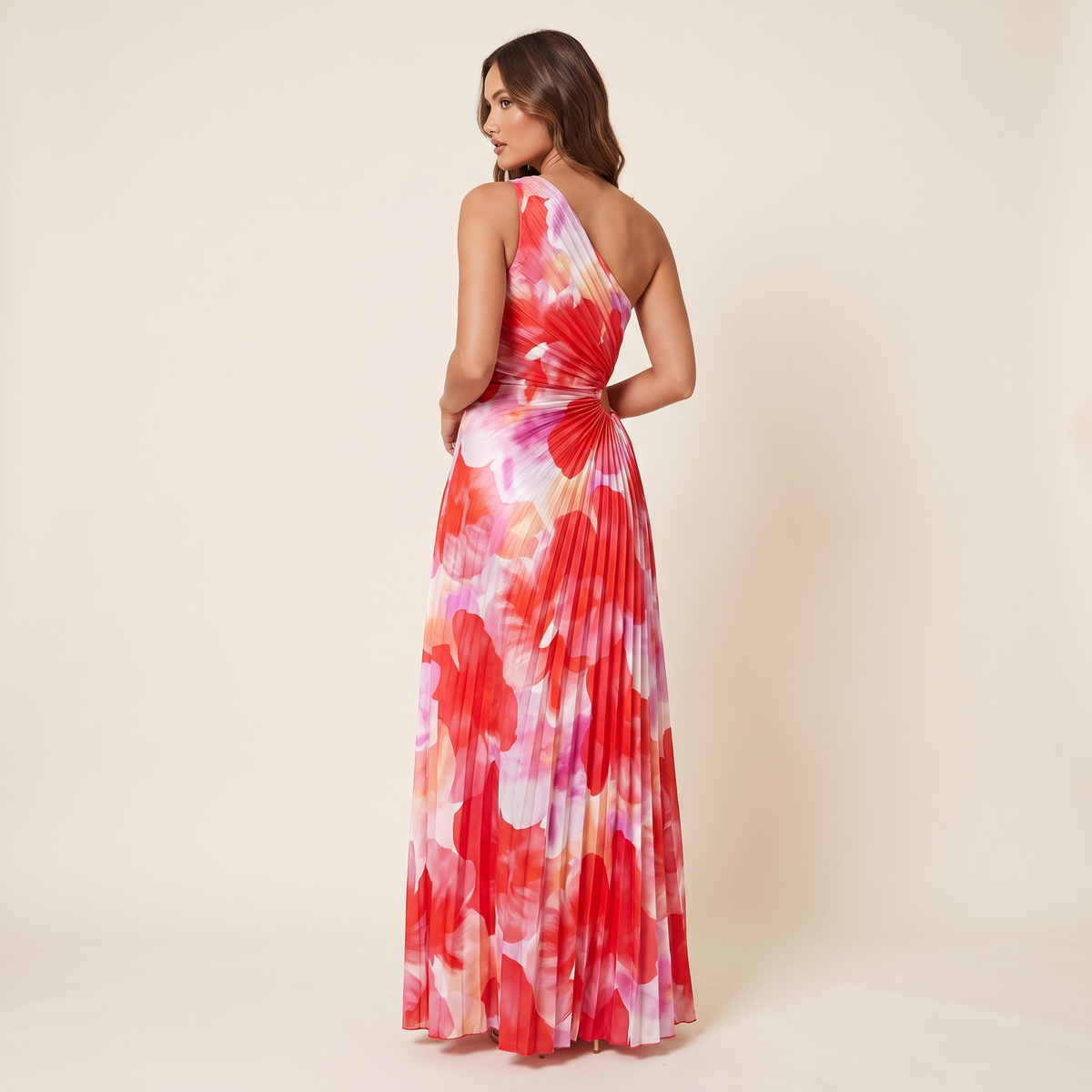 Isadora One-Shoulder Pleated Cut-Out Maxi Dress – Red Floral – back view