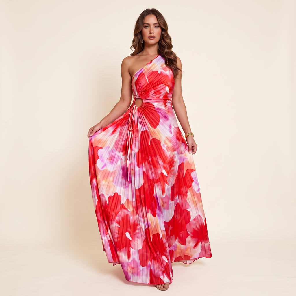Isadora One-Shoulder Pleated Cut-Out Maxi Dress – Red Floral – front view