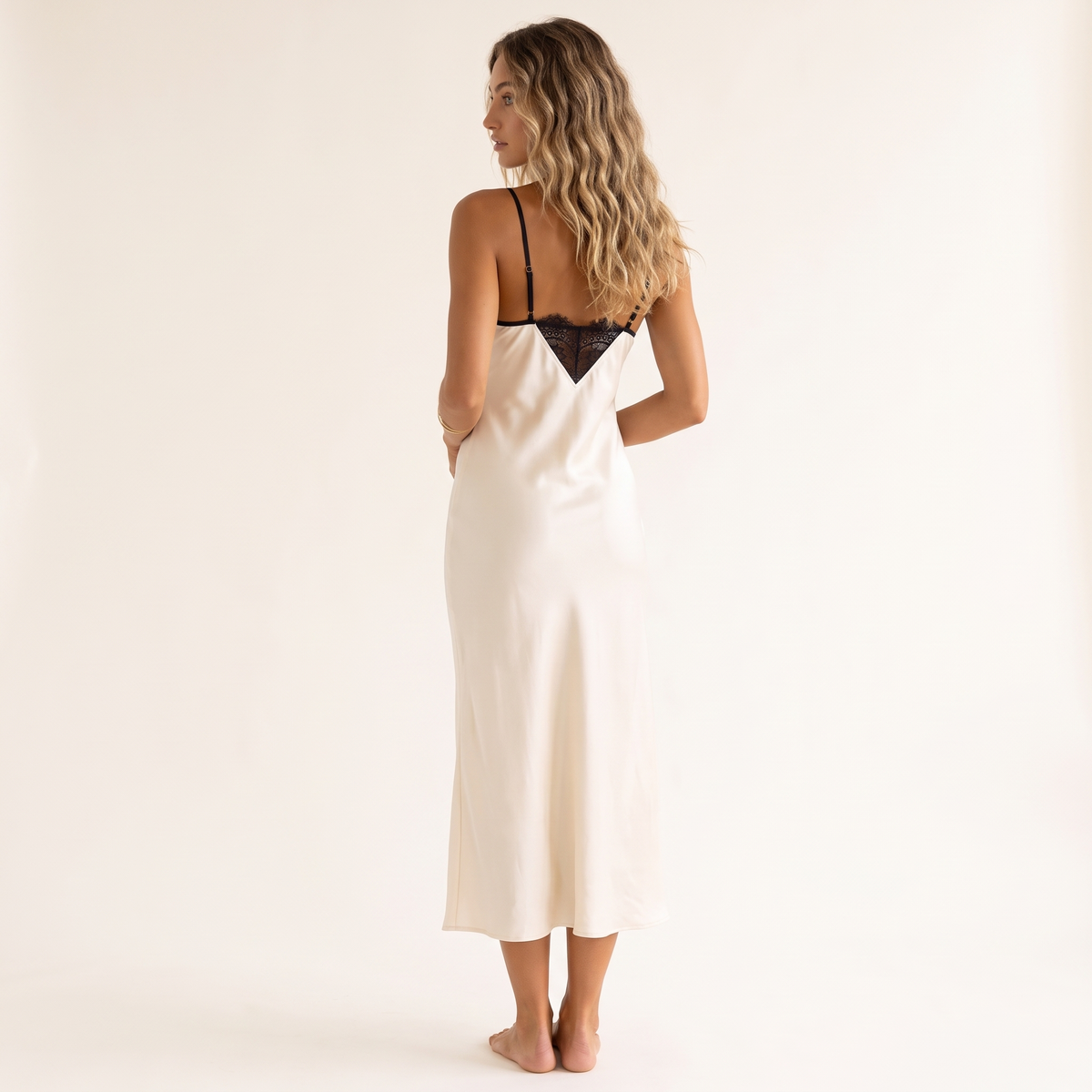 Ivoire Lace Neckline Satin Midi Dress – Cream – back view