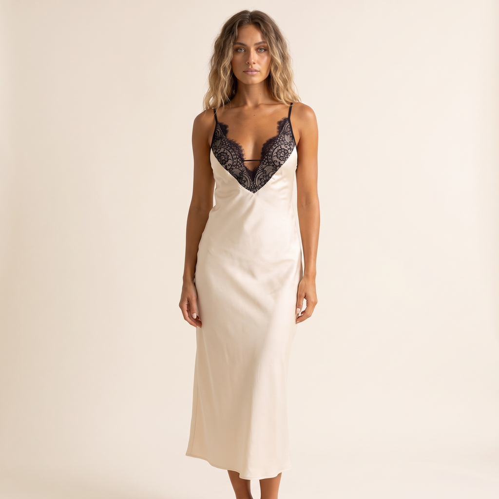 Ivoire Lace Neckline Satin Midi Dress – Cream – front view