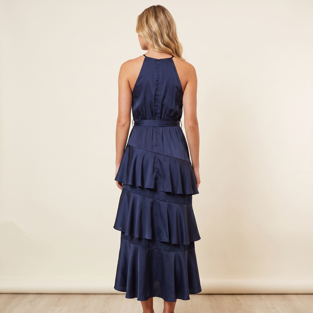Josephine Tie Waist Midi Dress – Navy – back view