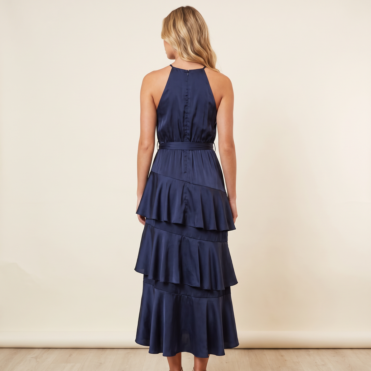 Josephine Tie Waist Midi Dress – Navy – back view