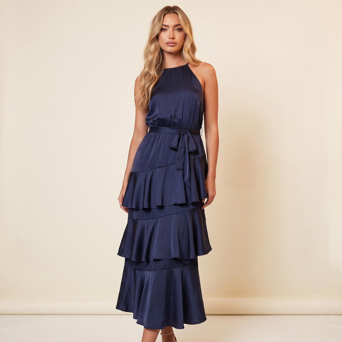 Josephine Tie Waist Midi Dress – Navy – front view