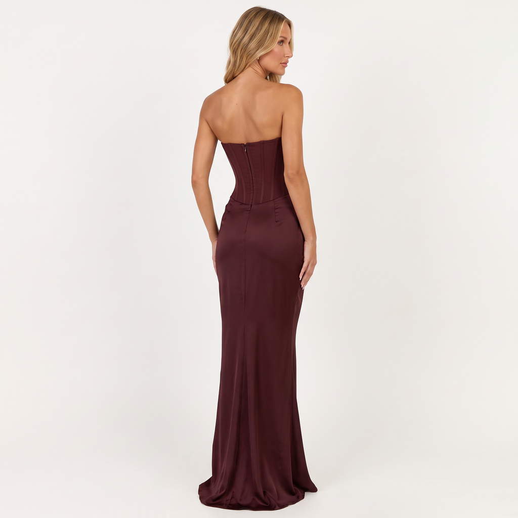 Kalinda Strapless Corset Draped Maxi Dress – Chocolate – back view