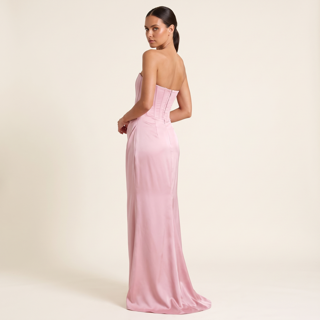 Kalinda Strapless Corset Draped Maxi Dress – Pink – back view
