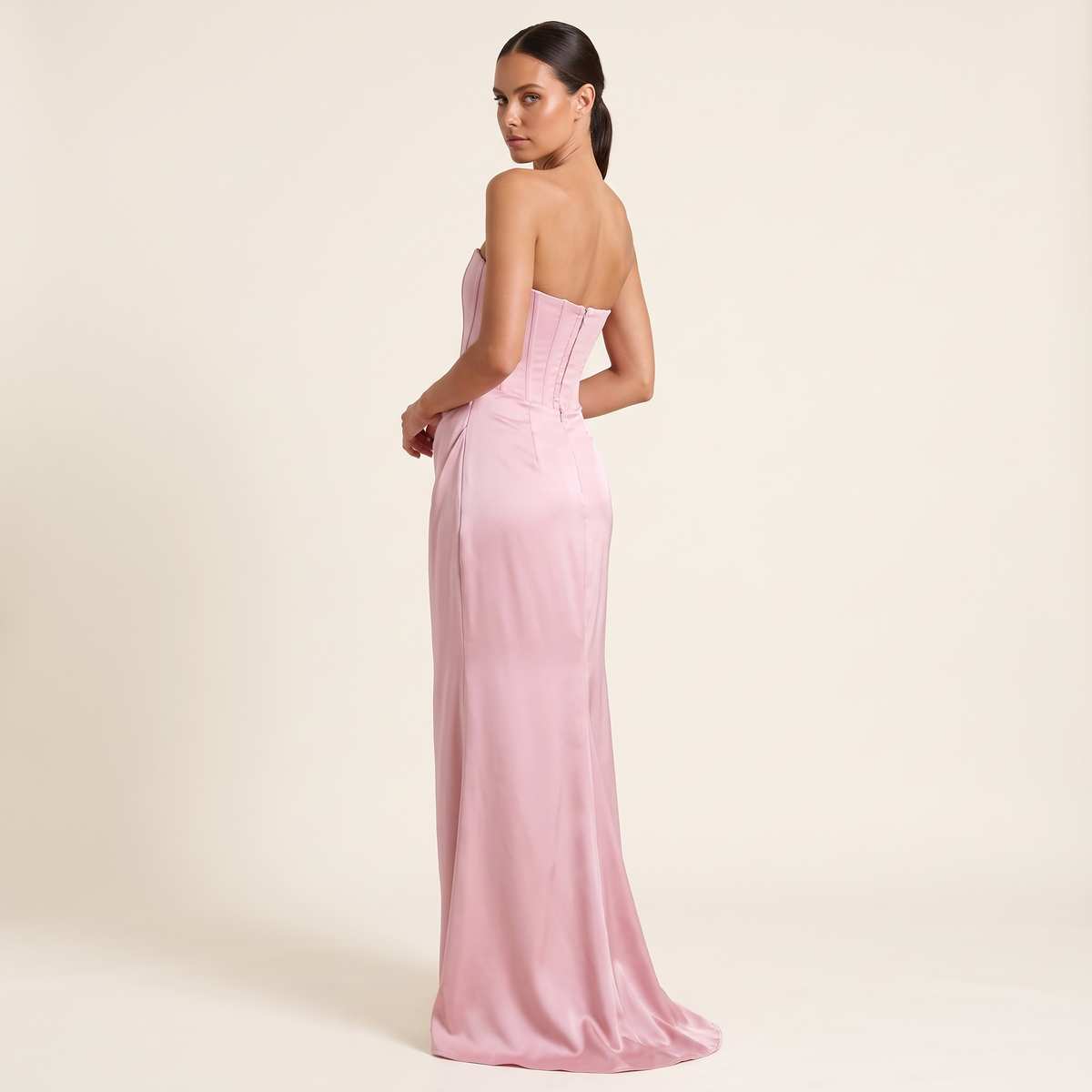 Kalinda Strapless Corset Draped Maxi Dress – Pink – back view