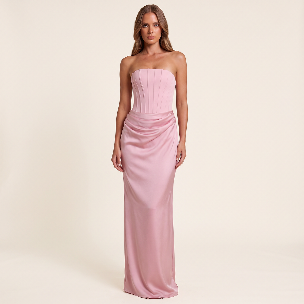 Kalinda Strapless Corset Draped Maxi Dress – Pink – front view