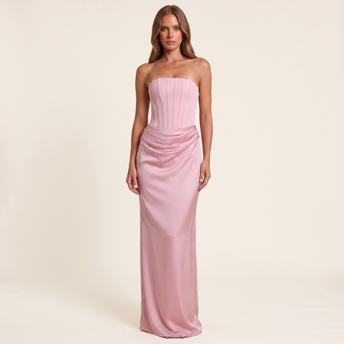 Kalinda Strapless Corset Draped Maxi Dress – Pink – front view