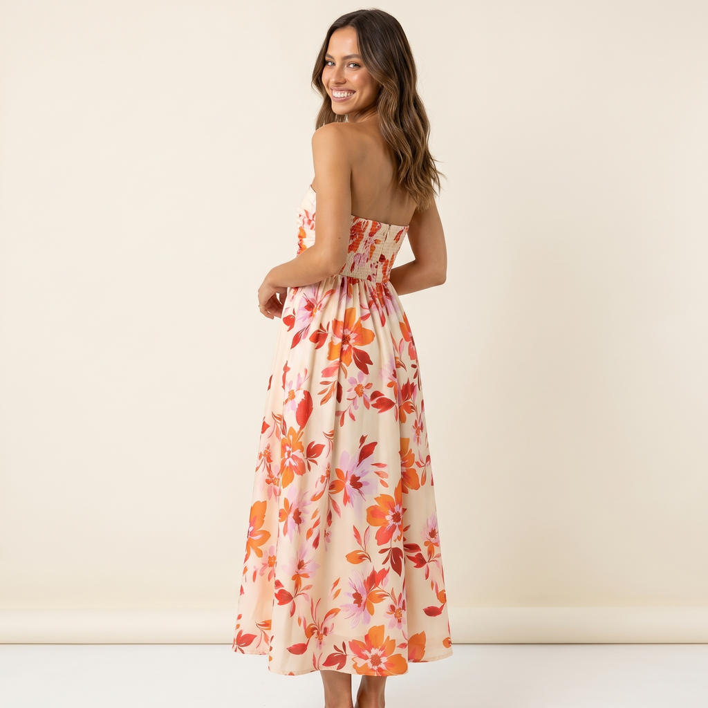 Kirra Strapless Floral Midi Dress – Orange & Pink – back view