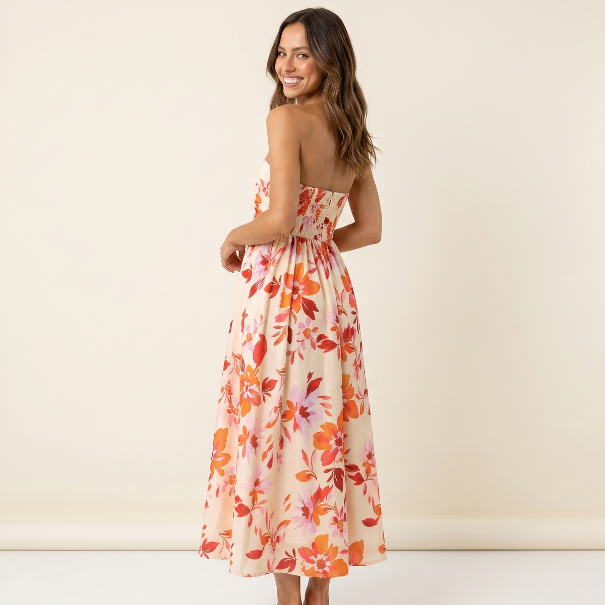 Kirra Strapless Floral Midi Dress – Orange & Pink – back view