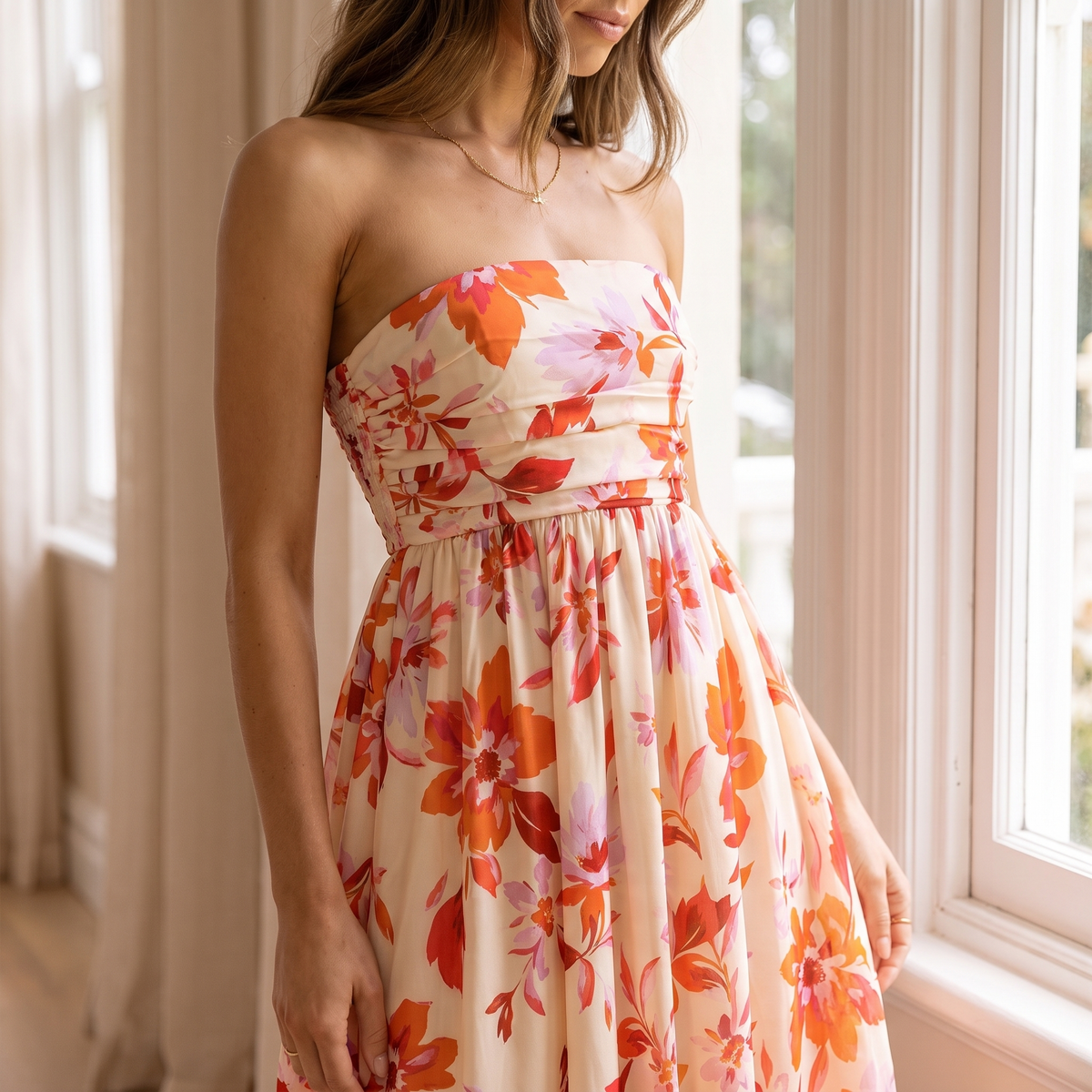 Kirra Strapless Floral Midi Dress – Orange & Pink – detail