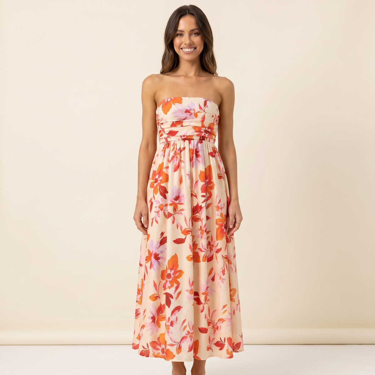 Kirra Strapless Floral Midi Dress – Orange & Pink – front view