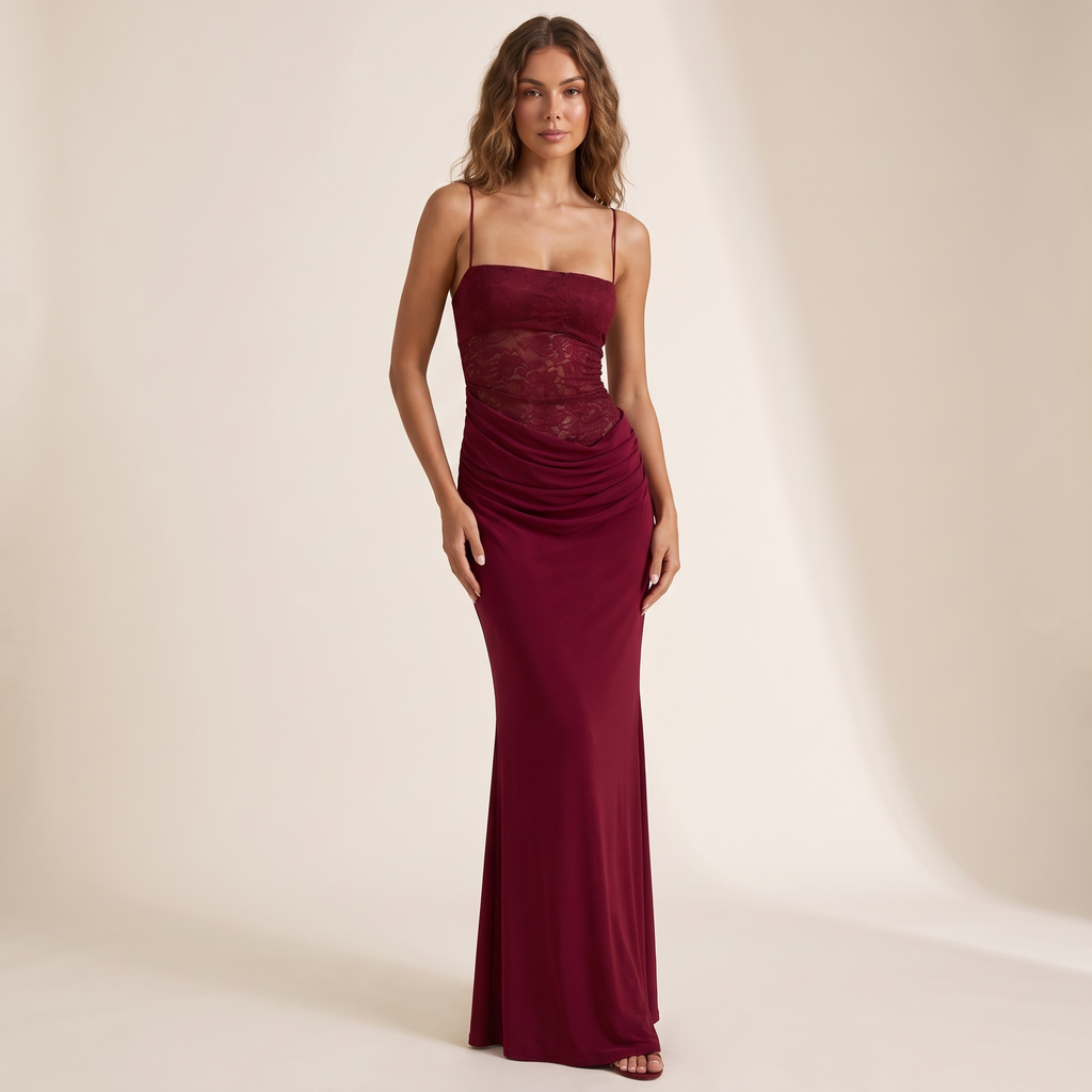 Lavinia Lace Bodice Cowl Mermaid Maxi Dress – Wine – front view